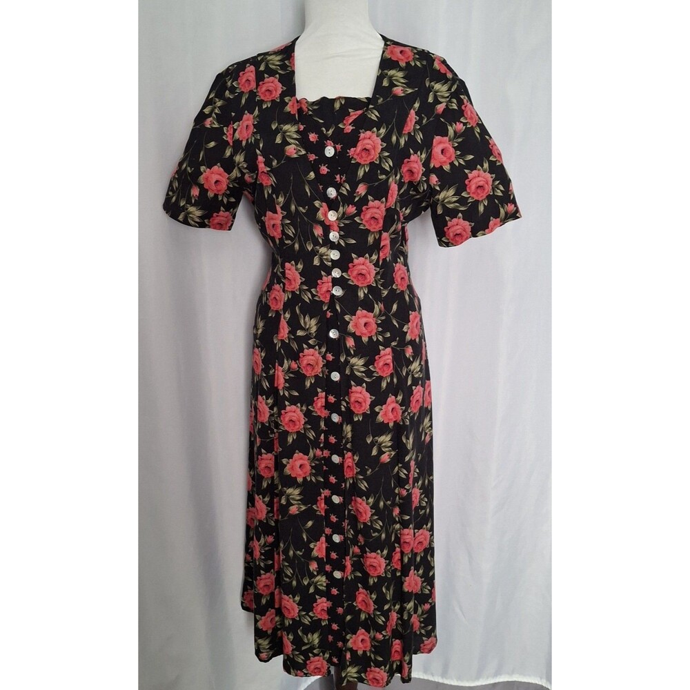 Vtg Modest rose print button down midi dress buttons down Cottage core Sz M/L